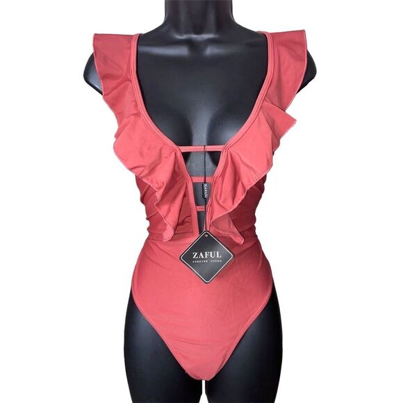ZAFUL Women's Deep V-Neck Ruffle One Piece Swimsuit Red Size US 8 NWT - Picture 2 of 6